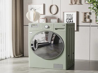 Green Front Load Washing Machine In Modern Home Interior With Decorative Elements 3d model
