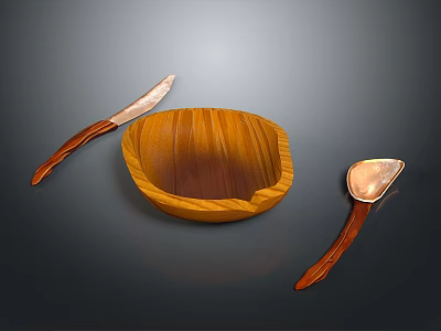 Wooden Kitchen Utensils Set With Bowl Knife And Spoon For Daily Use 3d model