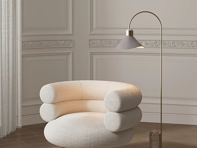Modern Elegant Living Room With White Sofa And Arching Floor Lamp On Wooden Floor 3d model