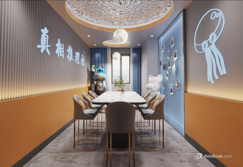 Modern Dining Room Interior With Long Table Metal Chairs Pendant Light And Wall Decorations 3d model 