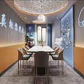 Modern Dining Room Interior With Long Table Metal Chairs Pendant Light And Wall Decorations