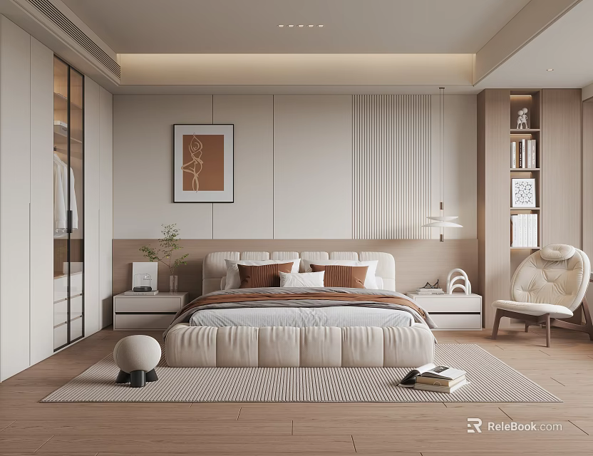 Modern Minimalist Bedroom Interior Design With Bed Pillows Nightstands And Armchair 3d model 