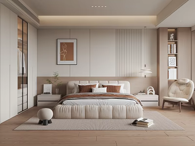 Modern Minimalist Bedroom Interior Design With Bed Pillows Nightstands And Armchair 3d model
