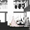 Elegant Modern Bridal Shop Interior Featuring White Wedding Gowns Long Trains And Display Mannequins
