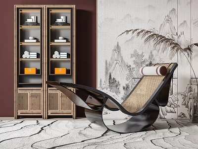 Modern Lounge Chair In Interior With Glass Door Cabinet Landscape Wallpaper Plant And Marble Floor 3d model
