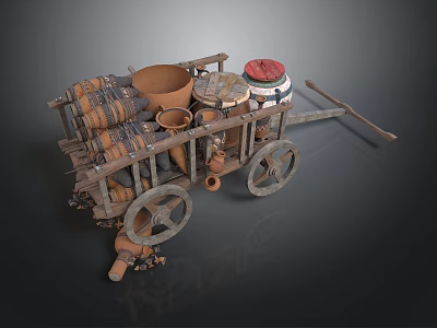 Vintage Handcrafted Sculpture Carving With Clay Pots Cart And Wooden Wheels 3d model