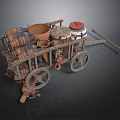Vintage Handcrafted Sculpture Carving With Clay Pots Cart And Wooden Wheels