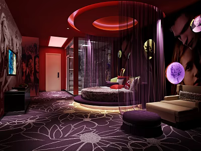 Elegant Hotel Guest Room With Red Purple Decor Round Bed Purple Curtains And Floral Carpet 3d model