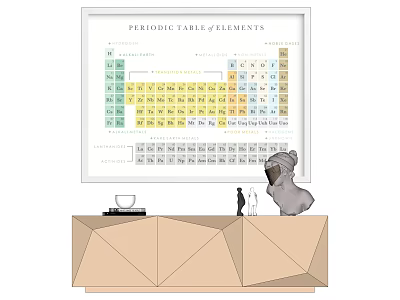 Periodic Table of Elements Displayed on Wall with Geometric Desk and Decor Items 3d model