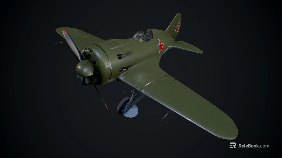Vintage Green Fighter Plane with Propeller and Red Star Markings on Dark Background 3d model 