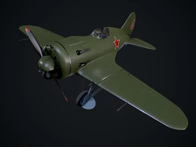 Vintage Green Fighter Plane with Propeller and Red Star Markings on Dark Background 3d model
