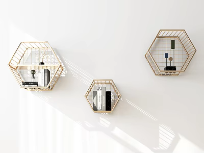 Golden Metal Hexagonal Wall Cabinets Mounted On White Interior Wall With Books And Decor 3d model