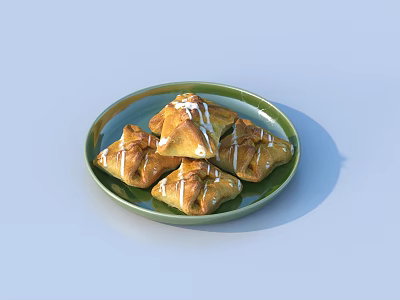 Golden Pastries With White Icing Arranged On Green Ceramic Plate 3d model