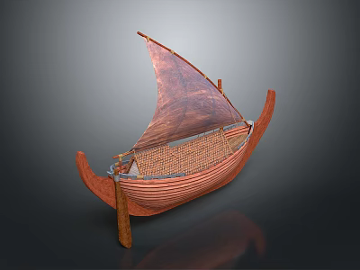 Vintage Wooden Boat With Brown Hull Stripes Brown Sail And Seats On Gray Gradient Background 3d model