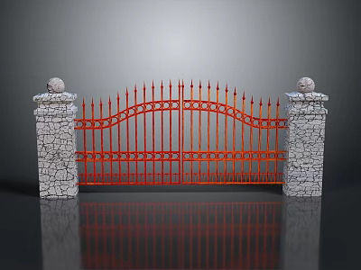 Red Iron Gate With Decorative Spikes And Stone Pillars Topped With Spheres 3d model