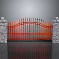Red Iron Gate With Decorative Spikes And Stone Pillars Topped With Spheres