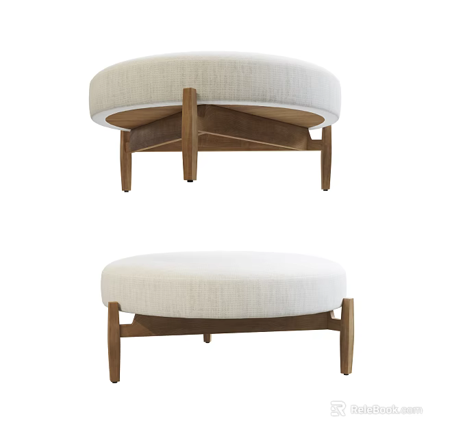 Minimalist Modern Round Ottoman With Light Fabric Upholstery And Wooden Legs 3d model 