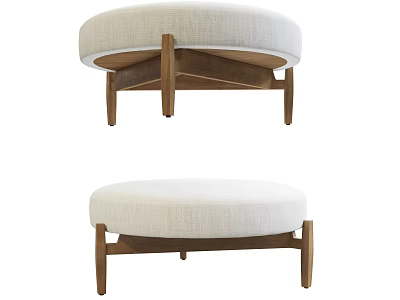 Minimalist Modern Round Ottoman With Light Fabric Upholstery And Wooden Legs 3d model