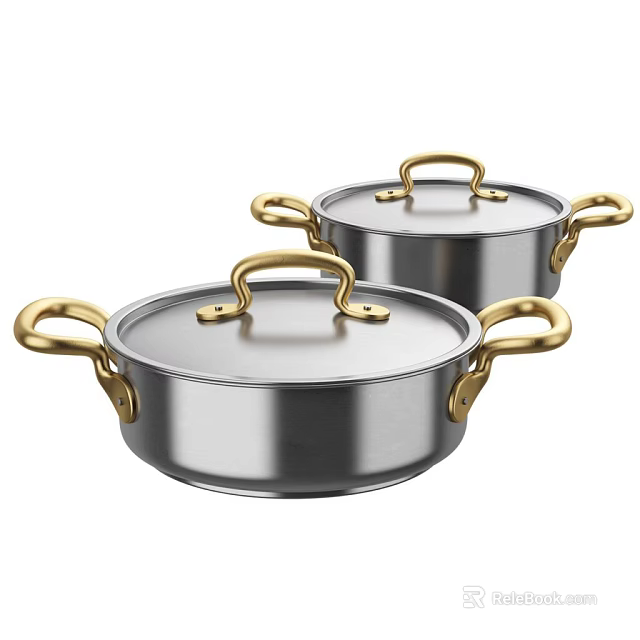 Stainless Steel Cooking Pots With Golden Handles And Lids For Kitchen Use 3d model 
