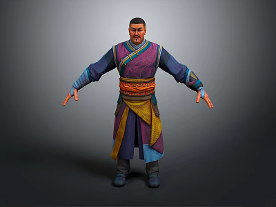 Game and Movie Character in Traditional Purple Blue Robe With Yellow Orange Sash Standing Pose 3d model