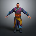 Game and Movie Character in Traditional Purple Blue Robe With Yellow Orange Sash Standing Pose