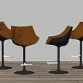 Modern Bar Stools With Orange Leather Seats Black Metal Frames Wooden Floor And Gray Wall