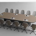 Modern Wooden Conference Table with Ergonomic Office Chairs and Digital Devices