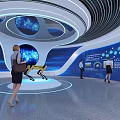 Modern Tech Exhibition Hall With Blue Globe Robot And Visitors In Modern Design