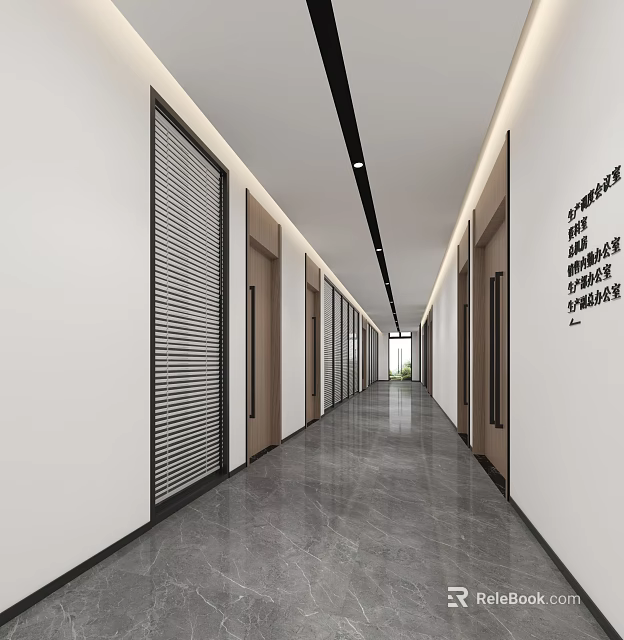 Modern Office Corridor Interior Design With White Walls Wooden Doors And Gray Marble Flooring 3d model 
