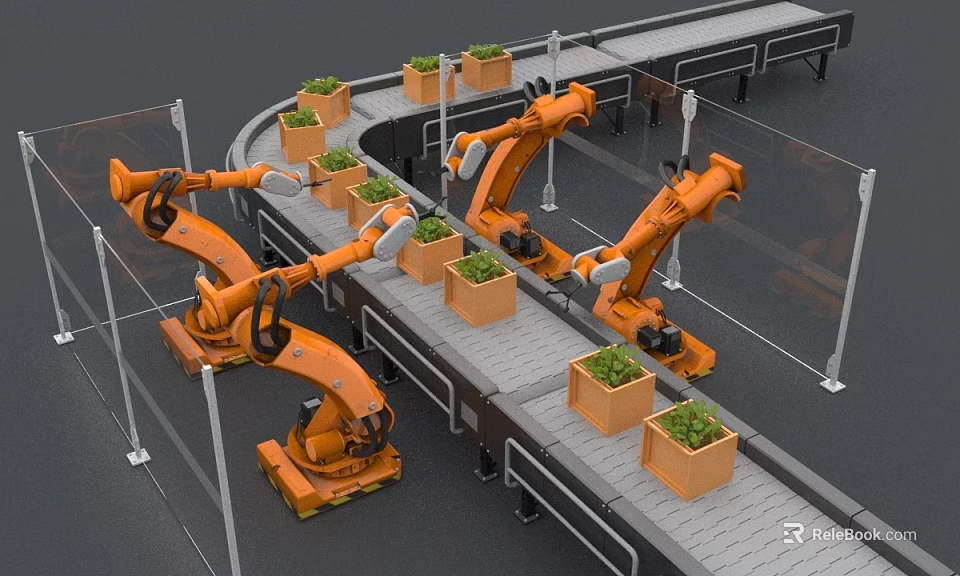 Orange Robotic Arms Handling Green Plant Pots On Automated Conveyor Belt System 3d model 