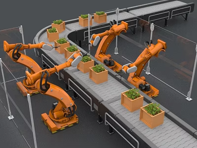 Orange Robotic Arms Handling Green Plant Pots On Automated Conveyor Belt System 3d model