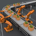Orange Robotic Arms Handling Green Plant Pots On Automated Conveyor Belt System