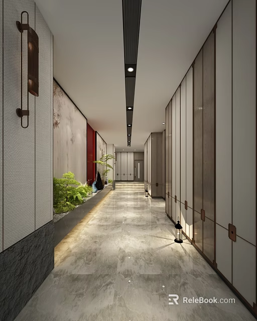 Modern Elevator Hallway Interior With Long Corridor Green Plants And Textured Walls 3d model