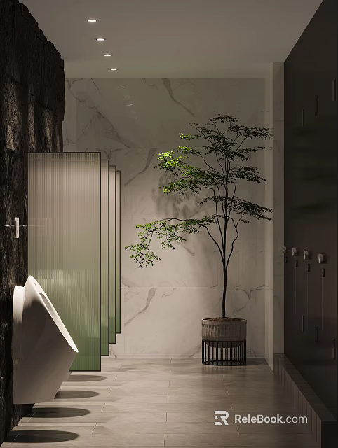 Modern Public Restroom With Glass Partitions Marble Walls And Potted Plant 3d model 