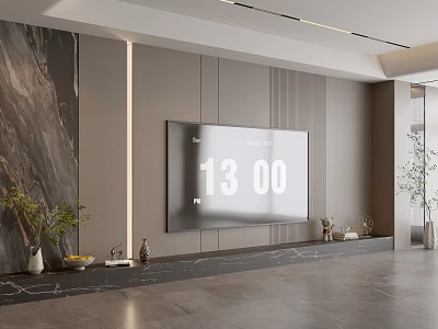 Modern TV Stand Design With Flat Screen TV Marble Accent Wall And Decorative Plants 3d model