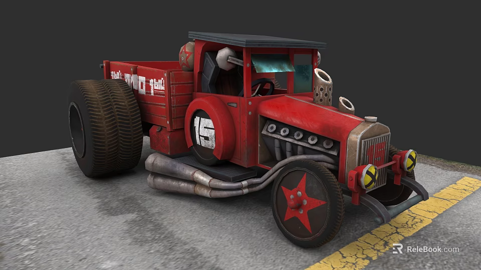 Red Vintage Racing Truck With Large Tires Exhaust Pipes And Number 15 3d model 