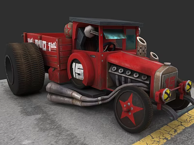 Red Vintage Racing Truck With Large Tires Exhaust Pipes And Number 15 3d model
