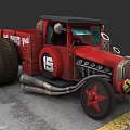 Red Vintage Racing Truck With Large Tires Exhaust Pipes And Number 15