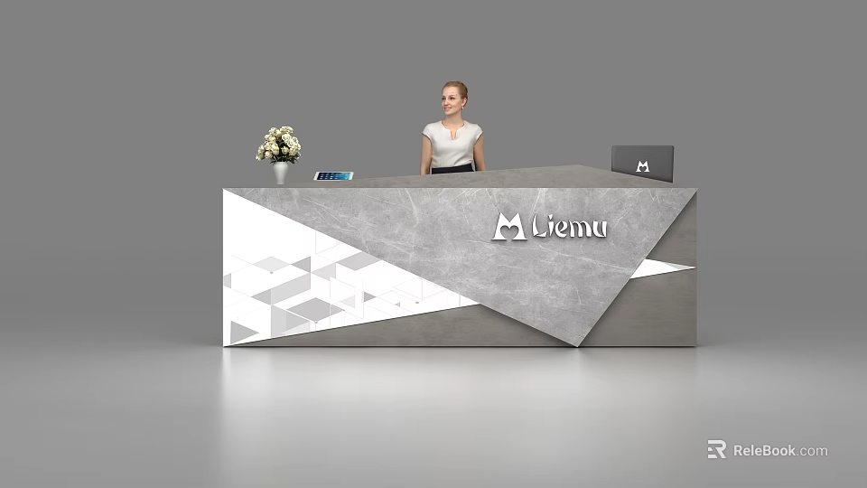 Modern Reception Desk With Geometric Design Vase Tablet Laptop And Liemu Logo 3d model 