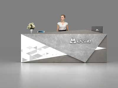 Modern Reception Desk With Geometric Design Vase Tablet Laptop And Liemu Logo 3d model