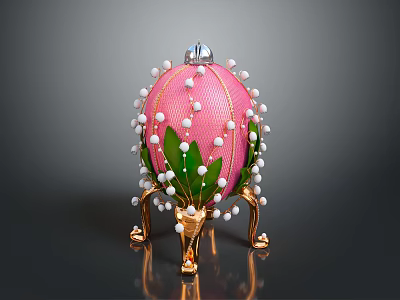 Pink Decorative Egg With White Pearls Green Leaves And Golden Stand 3d model