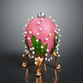 Pink Decorative Egg With White Pearls Green Leaves And Golden Stand