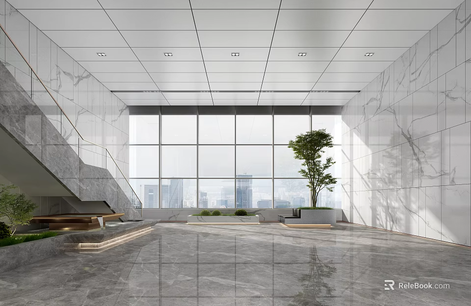 Front Desk Reception Area With Modern Marble Walls Large Windows Green Plant And City View 3d model 
