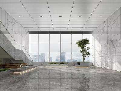 Front Desk Reception Area With Modern Marble Walls Large Windows Green Plant And City View 3d model