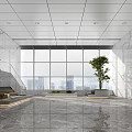 Front Desk Reception Area With Modern Marble Walls Large Windows Green Plant And City View