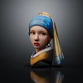 The Girl With a Pearl Earring Head Sculpture Wearing Blue Gold Headscarf And Pearl Earring