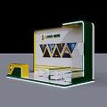Modern Exhibition Booth Design With Logo Area Triangular Screens And White Seating