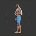 Men's Summer Casual Blue Shorts With Towel Over Shoulder Standing Barefoot On Black Background
