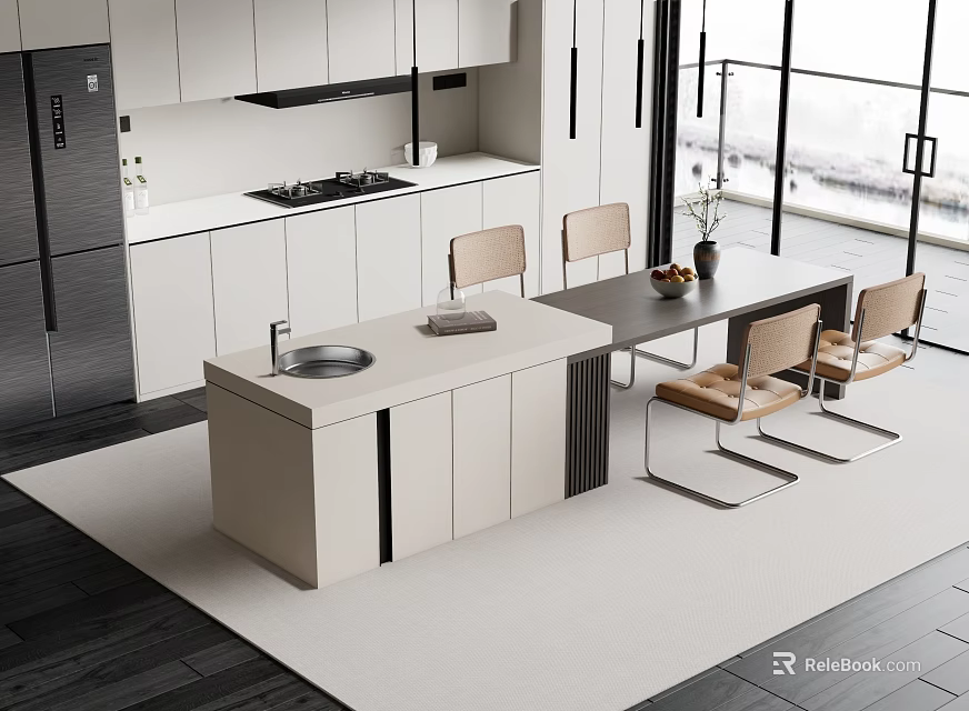 Modern Open Kitchen Interior With Stylish Bar Counter Marble Countertop Dining Table And Chairs 3d model 