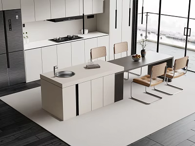 Modern Open Kitchen Interior With Stylish Bar Counter Marble Countertop Dining Table And Chairs 3d model